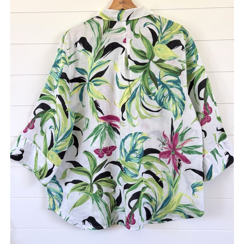 Chicos Linen Tropical Floral Button Up Blouse No Iron Size 16 (3) White Green - Picture 7 of 13